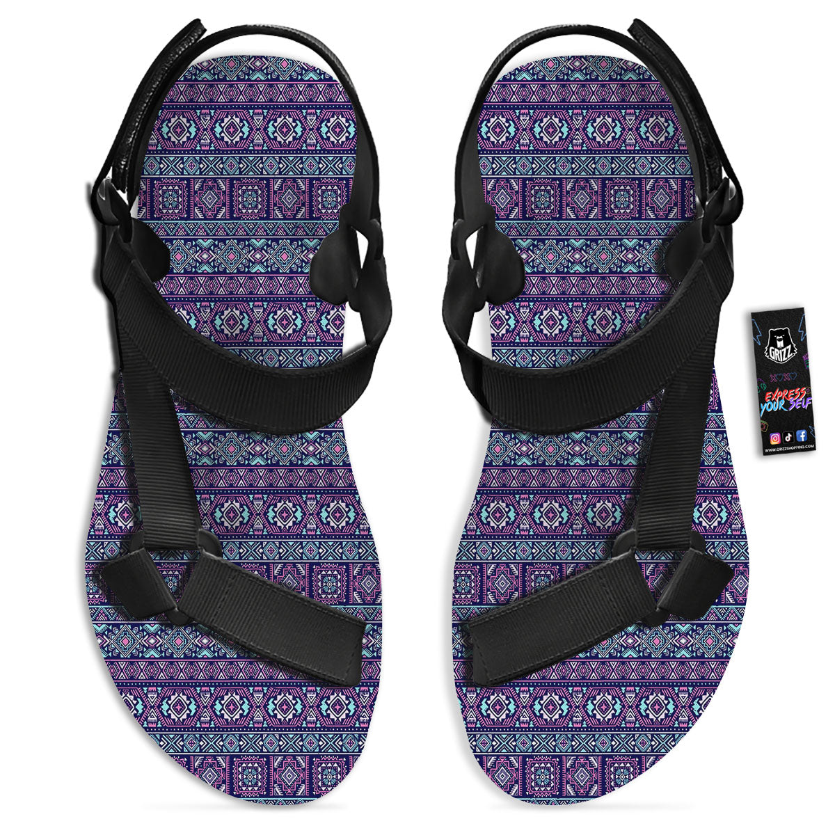 Grunge Trippy Ethnic Aztec Print Black Open Toe Sandals-grizzshop