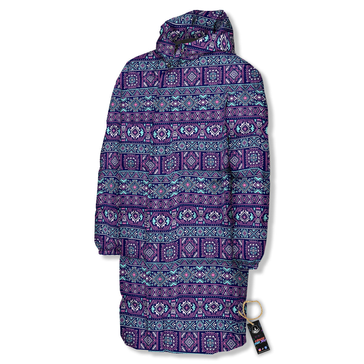 Grunge Trippy Ethnic Aztec Print Long Down Jacket-grizzshop
