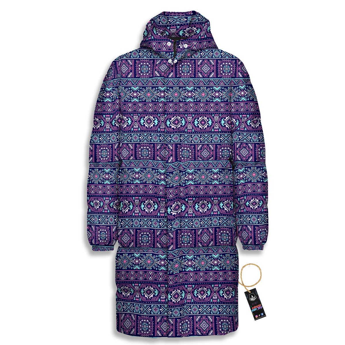 Grunge Trippy Ethnic Aztec Print Long Down Jacket-grizzshop