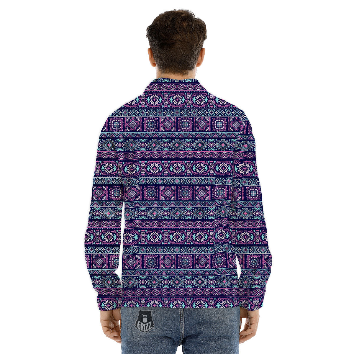 Grunge Trippy Ethnic Aztec Print Men's Dress Shirts-grizzshop