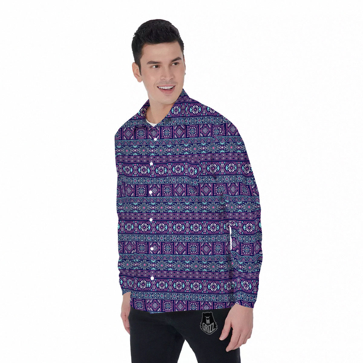 Grunge Trippy Ethnic Aztec Print Men's Long Sleeve Shirts-grizzshop