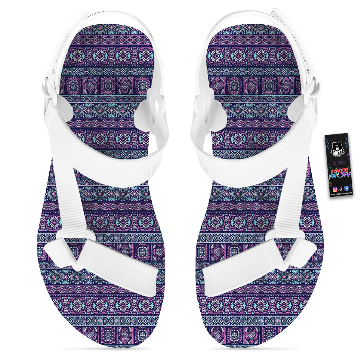 Grunge Trippy Ethnic Aztec Print White Open Toe Sandals-grizzshop