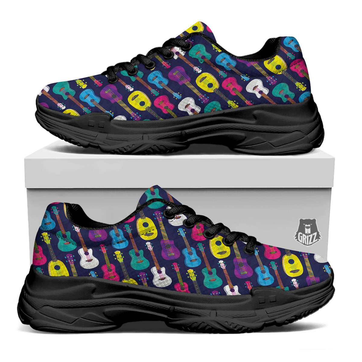 Guitar Colorful Print Pattern Black Chunky Shoes-grizzshop