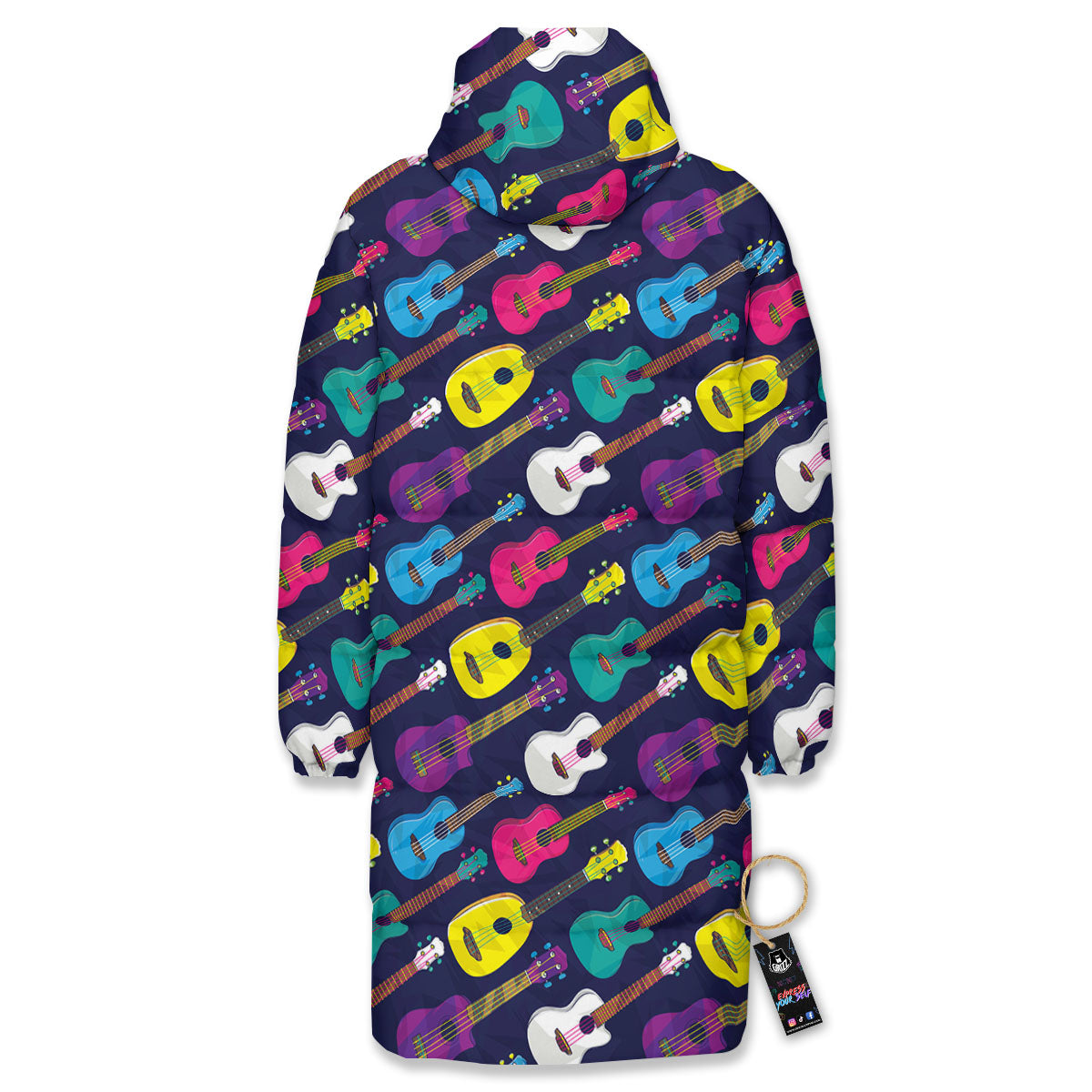 Guitar Colorful Print Pattern Long Down Jacket-grizzshop