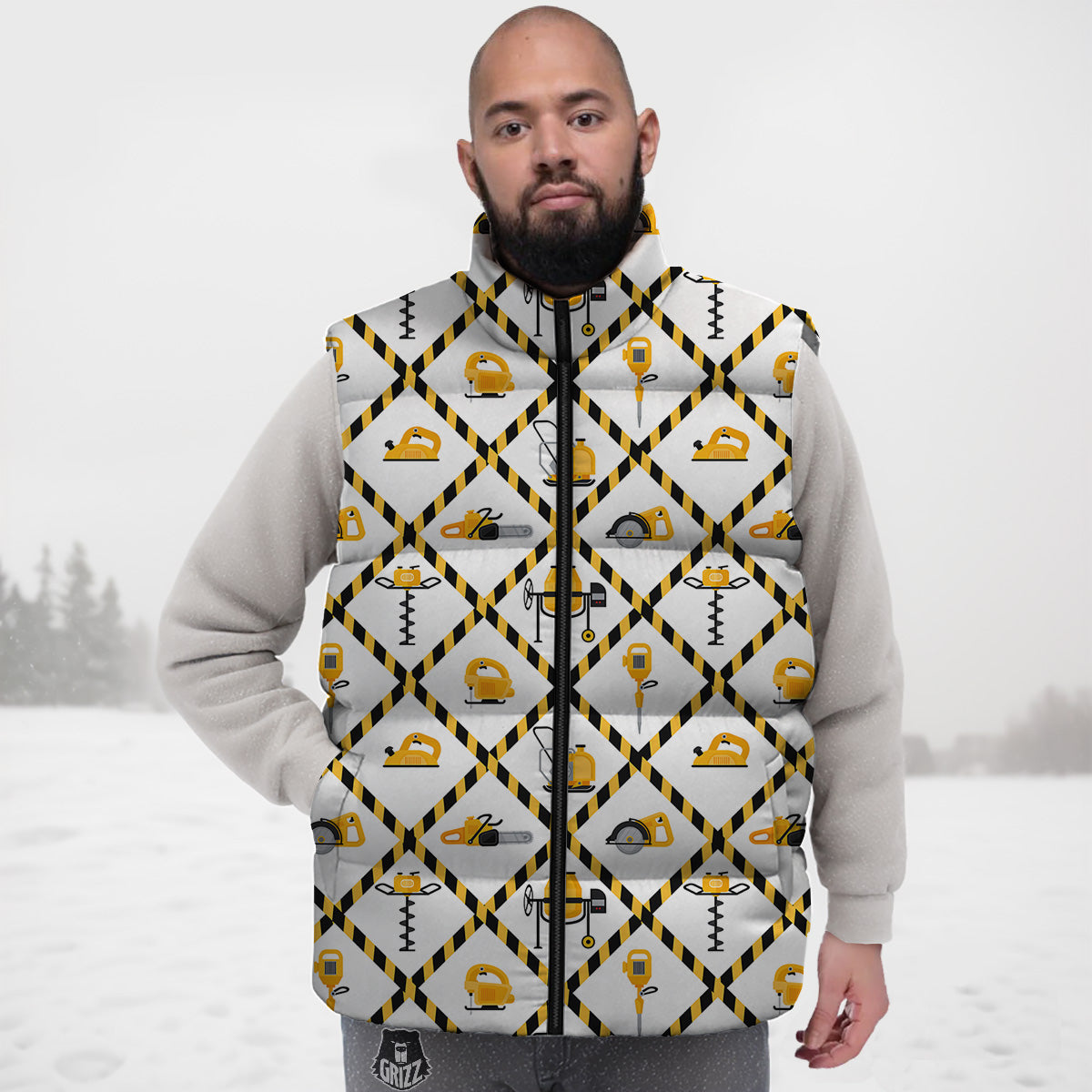 Guitar Print Pattern Down Vest-grizzshop
