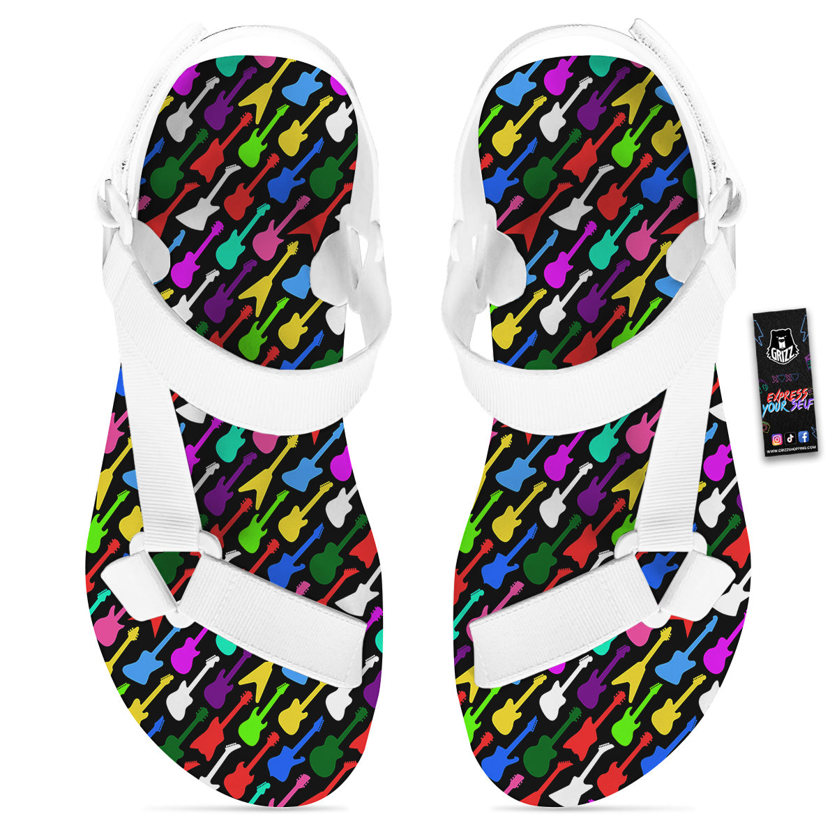 Guitars Colorful Print Pattern White Open Toe Sandals-grizzshop