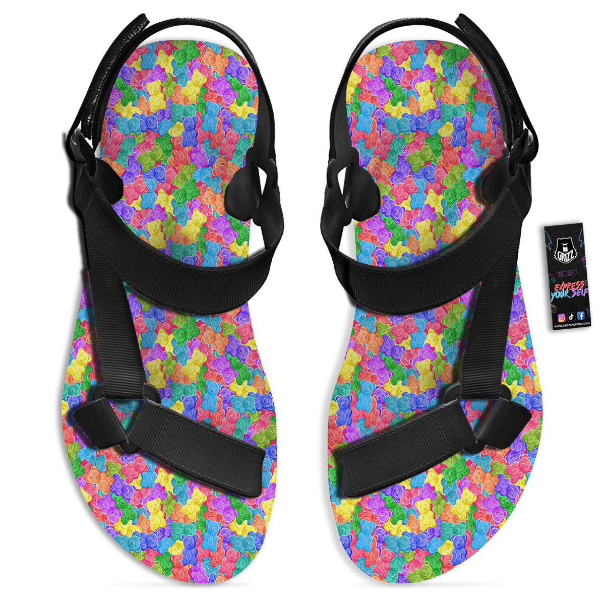 Gummy Bear Colorful Print Black Open Toe Sandals-grizzshop