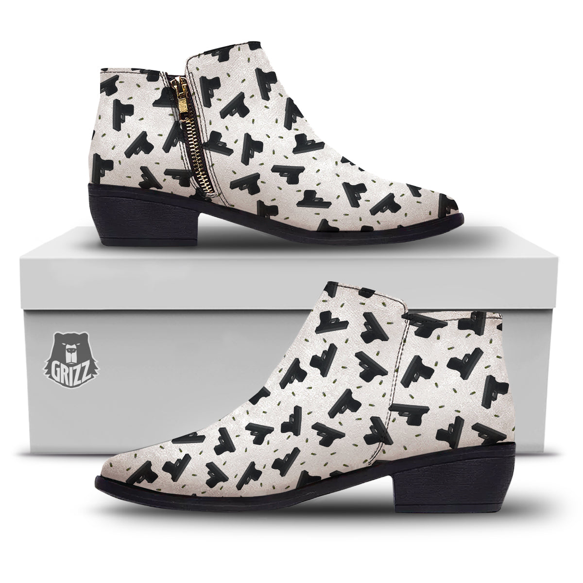 Gun Bullet White And Black Print Pattern Ankle Boots-grizzshop