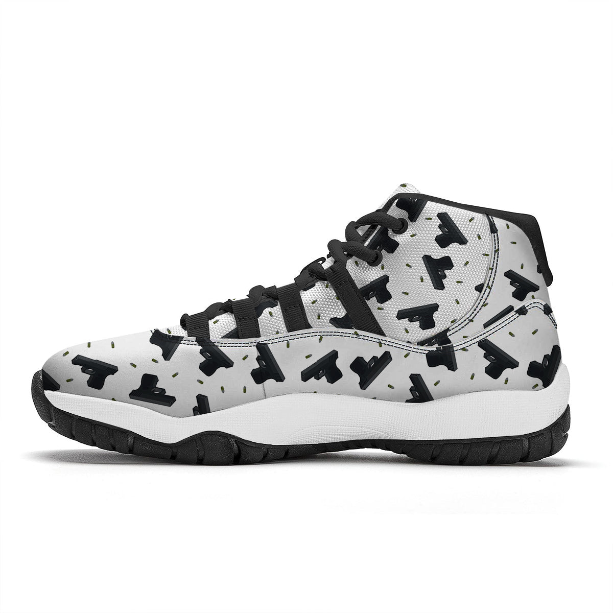Gun Bullet White And Black Print Pattern Black Bball Shoes-grizzshop