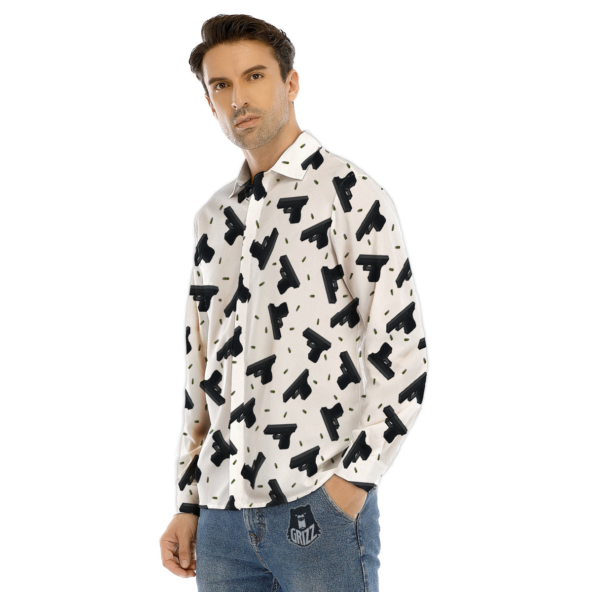 Gun Bullet White And Black Print Pattern Men's Dress Shirts-grizzshop