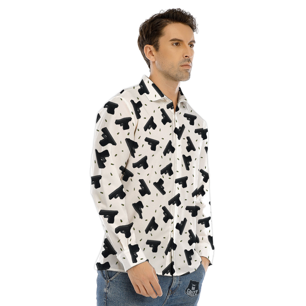 Gun Bullet White And Black Print Pattern Men's Dress Shirts-grizzshop