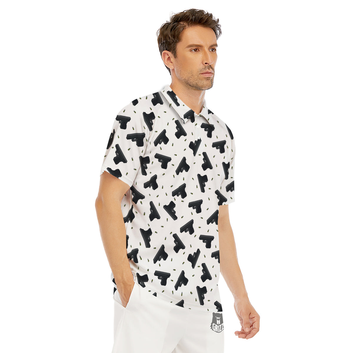 Gun Bullet White And Black Print Pattern Men's Golf Shirts-grizzshop