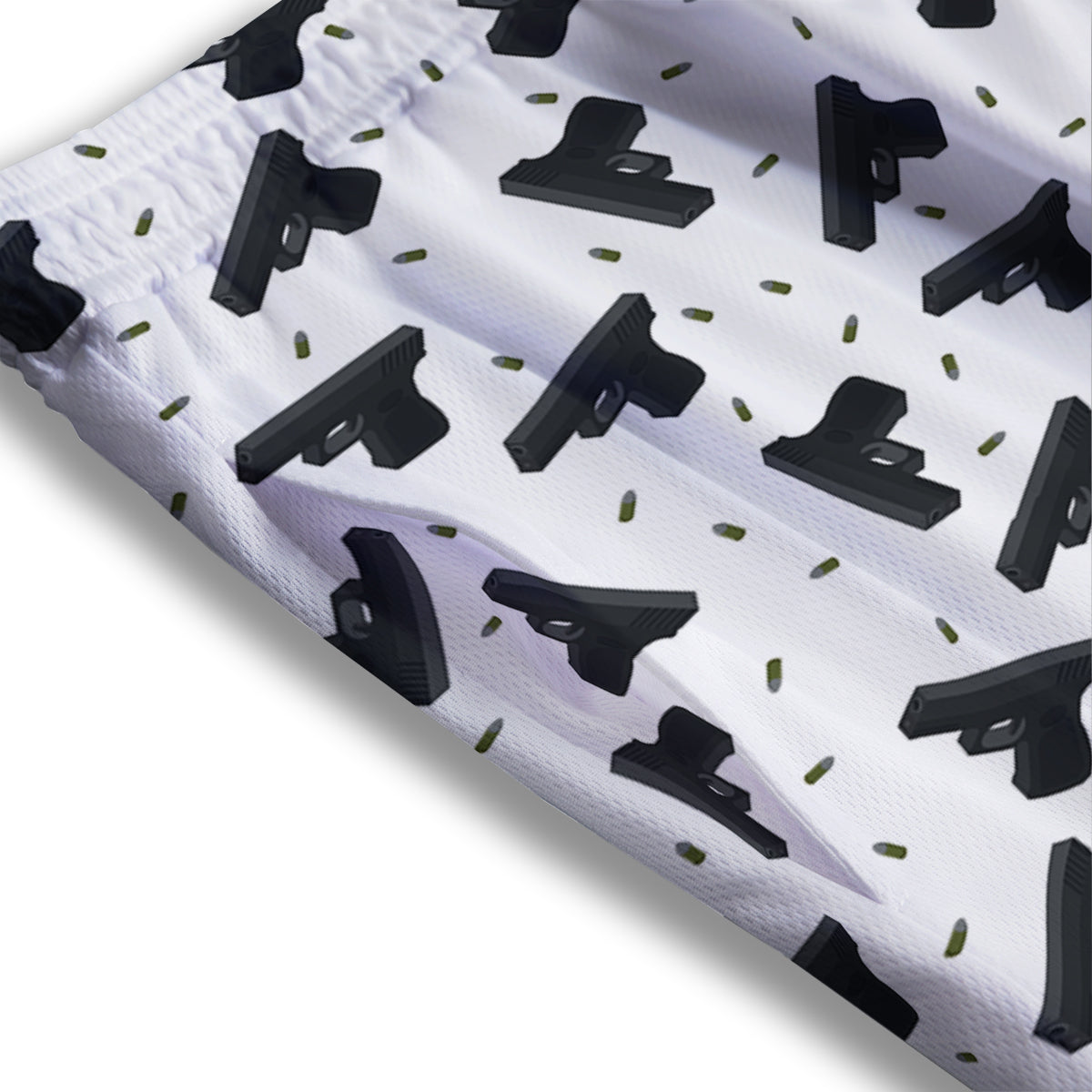 Gun Bullet White And Black Print Pattern Mesh Shorts