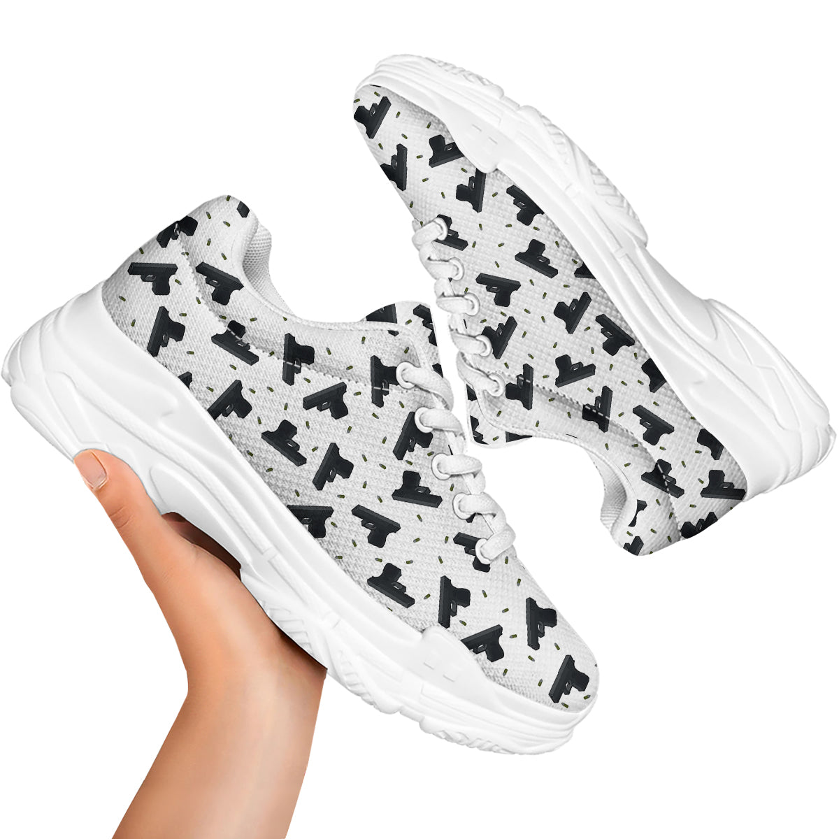 Gun Bullet White And Black Print Pattern White Chunky Shoes-grizzshop