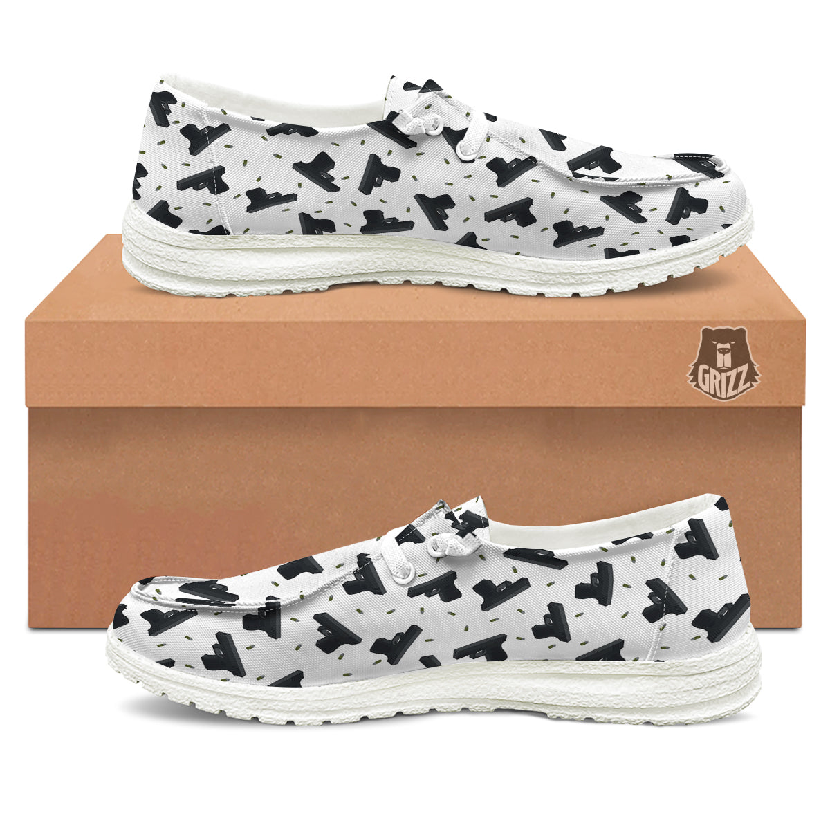 Gun Bullet White And Black Print Pattern White Loafers-grizzshop