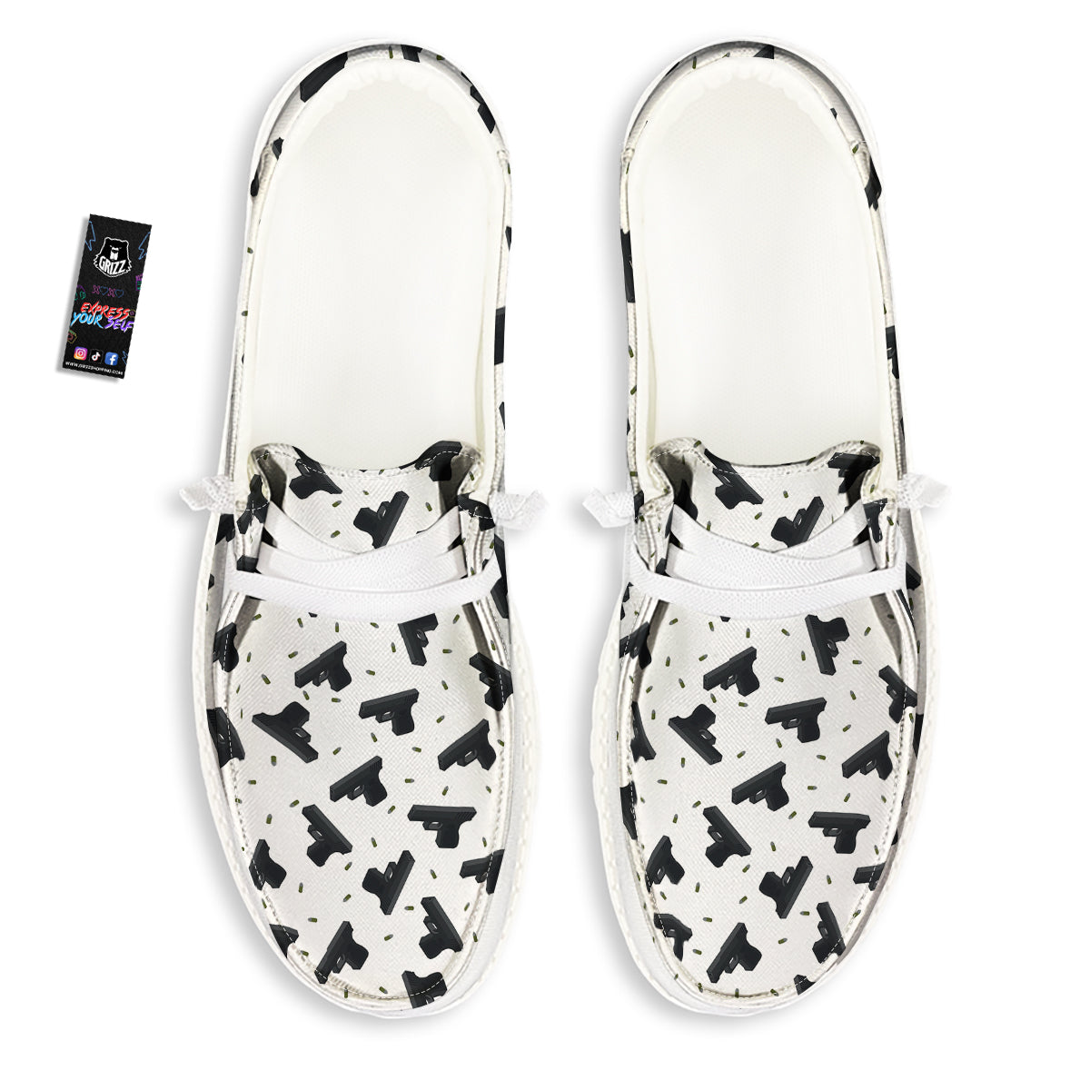 Gun Bullet White And Black Print Pattern White Loafers-grizzshop