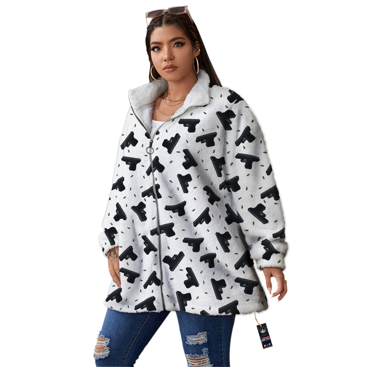 Gun Bullet White And Black Print Pattern Women's Sherpa Jacket-grizzshop