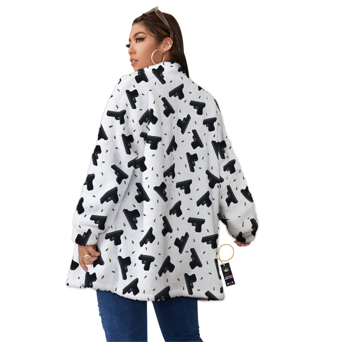 Gun Bullet White And Black Print Pattern Women's Sherpa Jacket-grizzshop