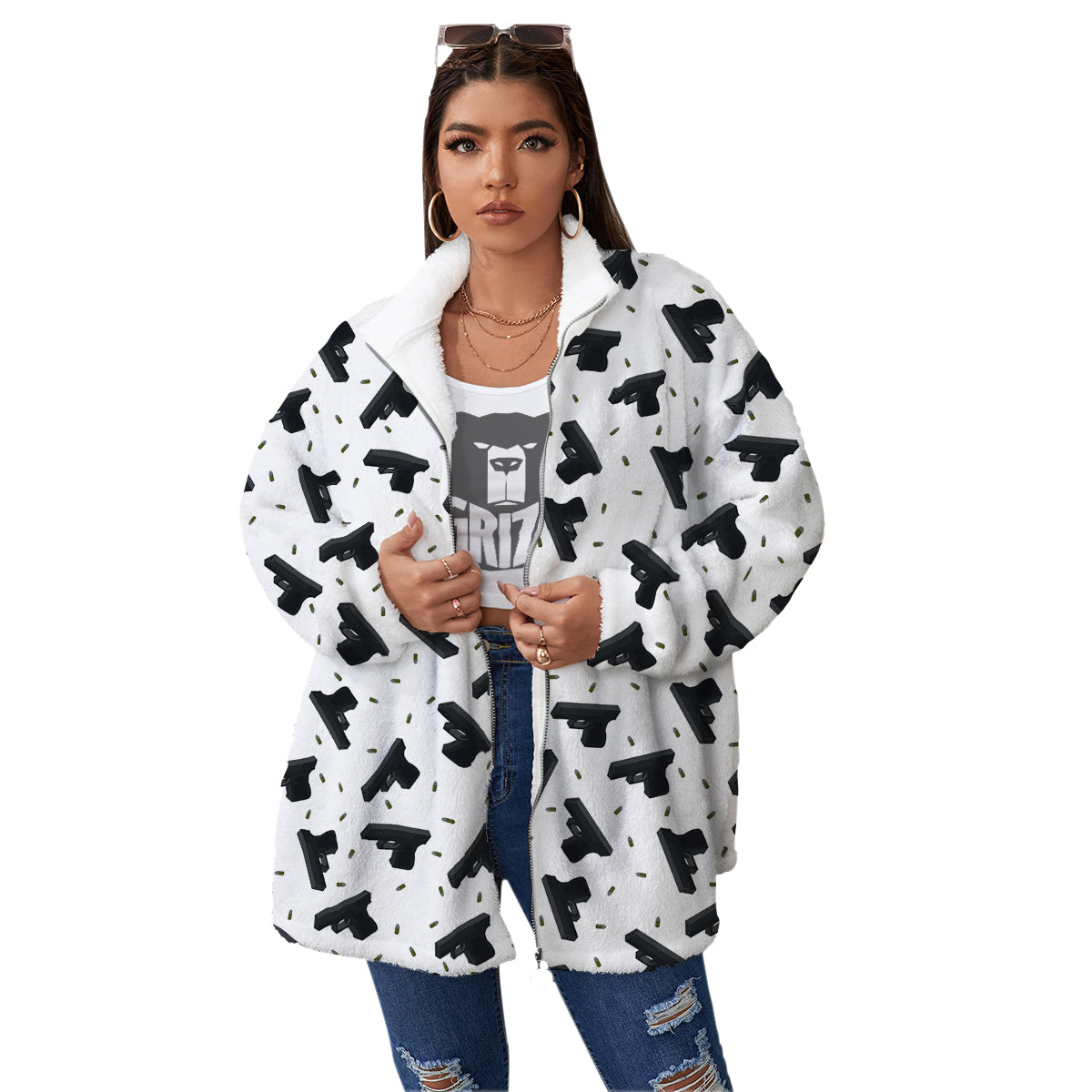 Gun Bullet White And Black Print Pattern Women's Sherpa Jacket-grizzshop