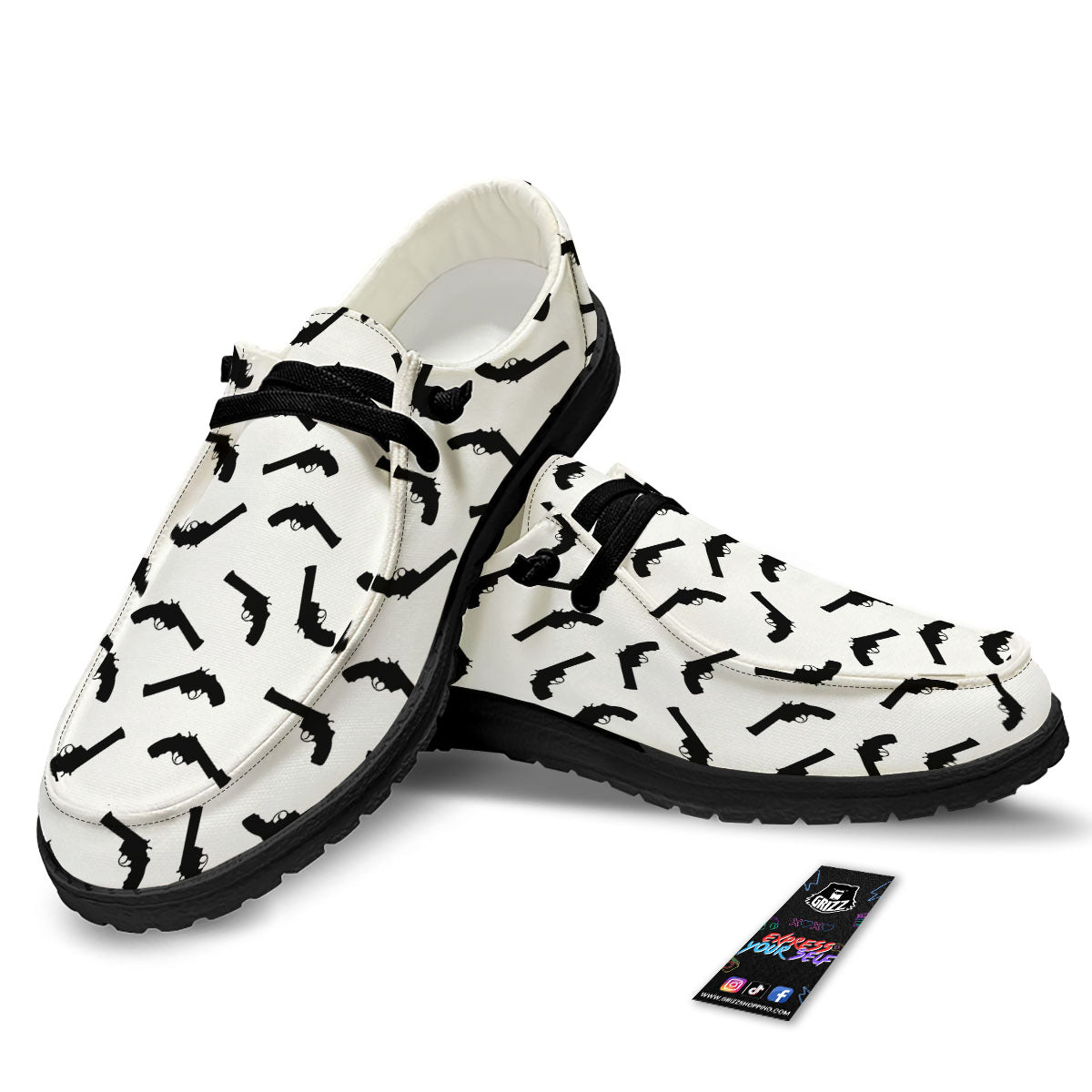 Guns White And Black Print Pattern Black Loafers-grizzshop