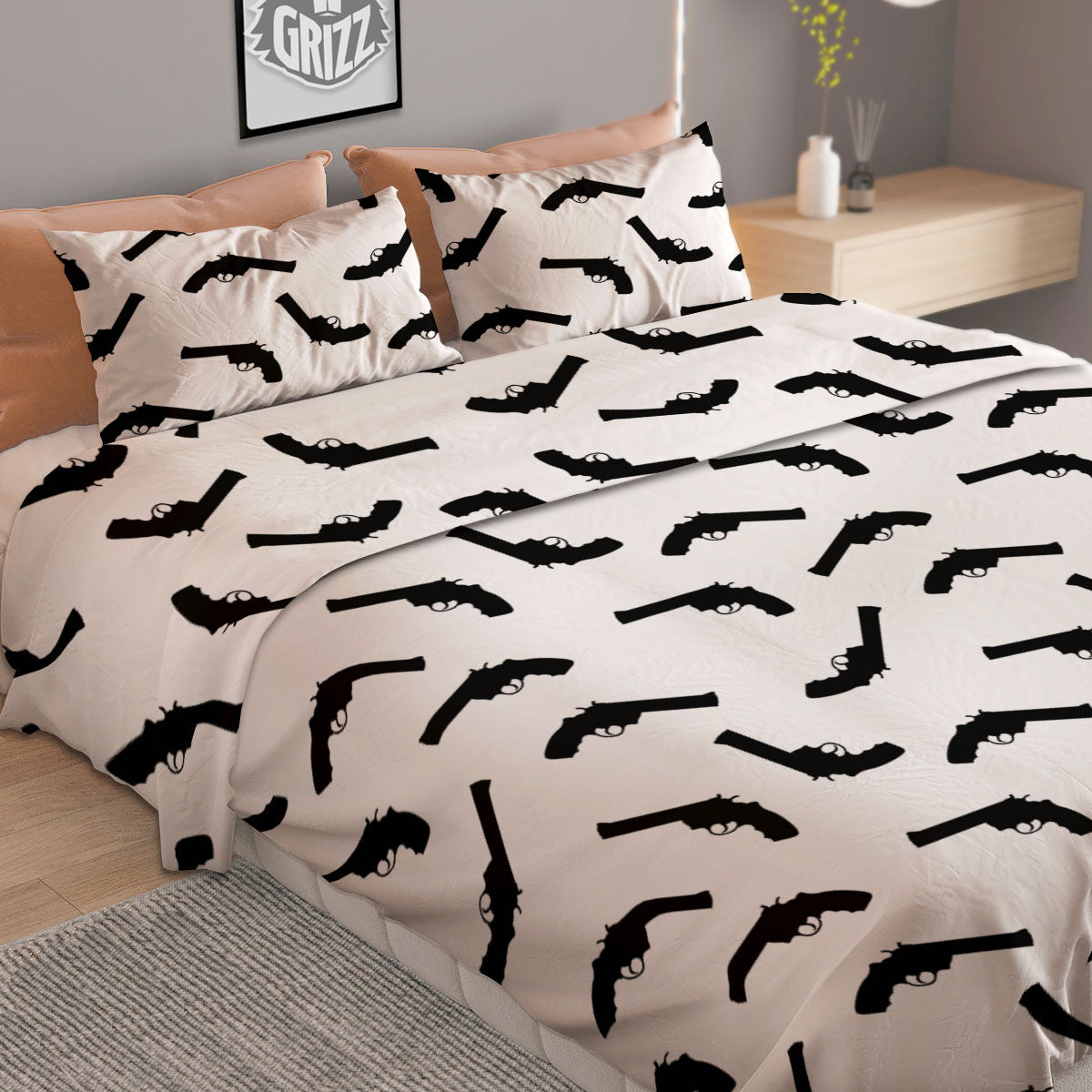 Guns White And Black Print Pattern Duvet Cover Bedding Set