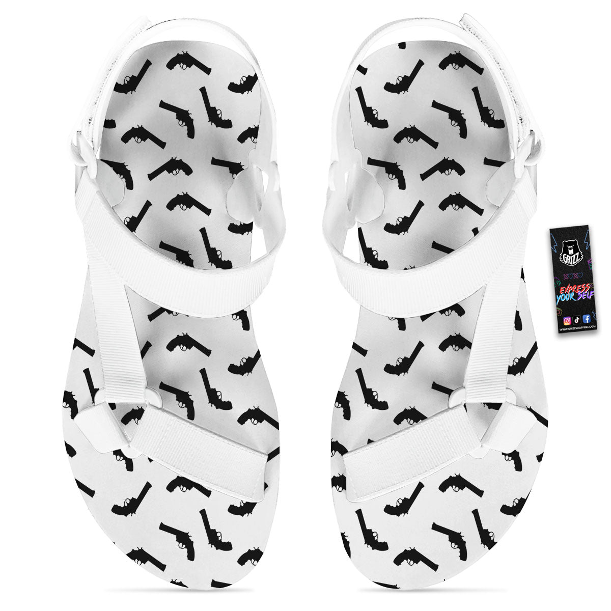 Guns White And Black Print Pattern White Open Toe Sandals-grizzshop