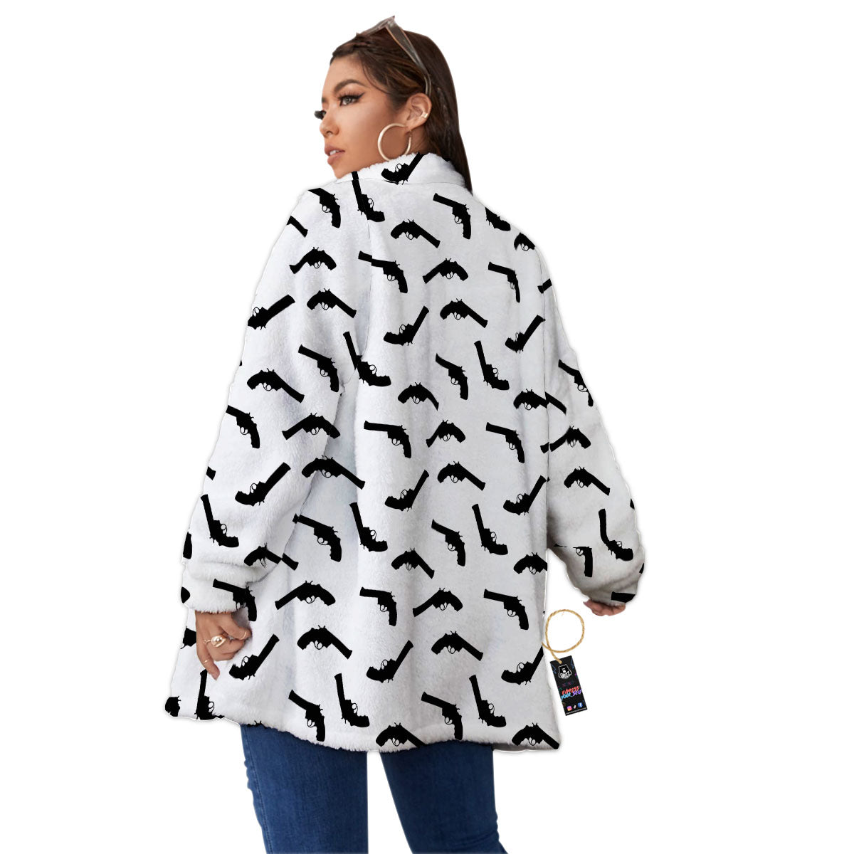 Guns White And Black Print Pattern Women's Sherpa Jacket-grizzshop