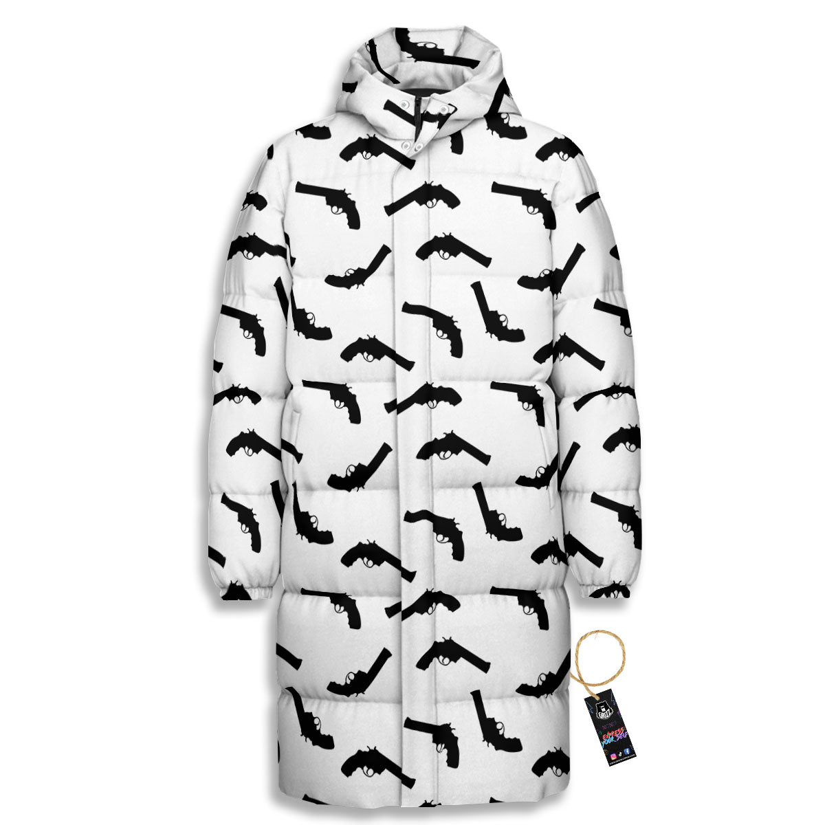 Guns White And Black Print Pattern Long Down Jacket