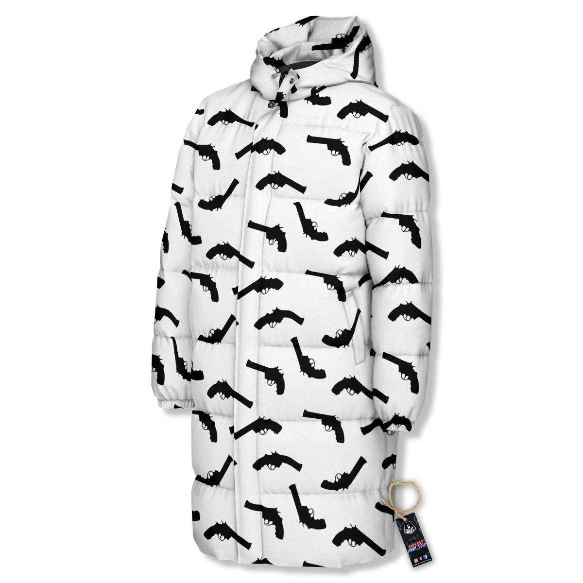 Guns White And Black Print Pattern Long Down Jacket