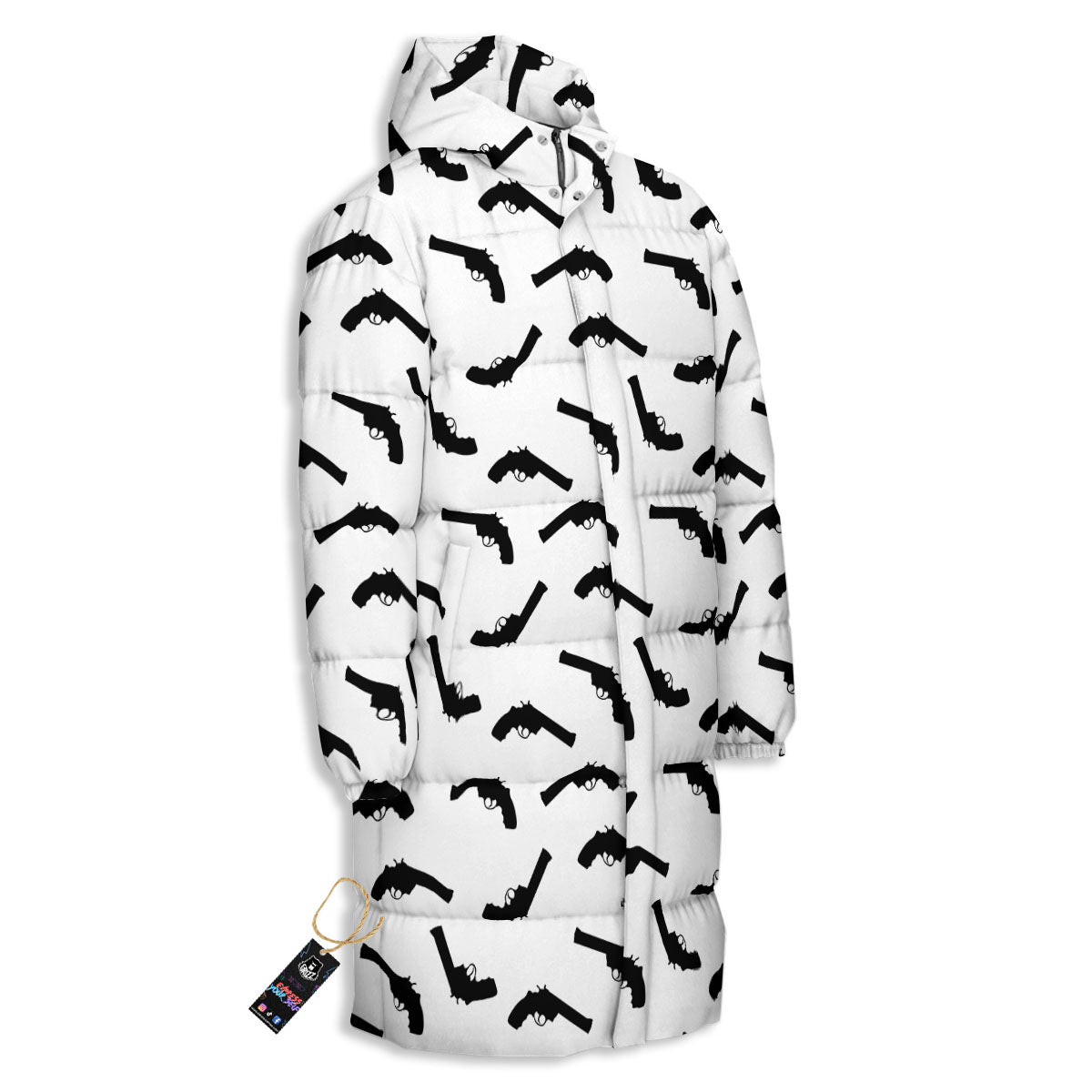 Guns White And Black Print Pattern Long Down Jacket