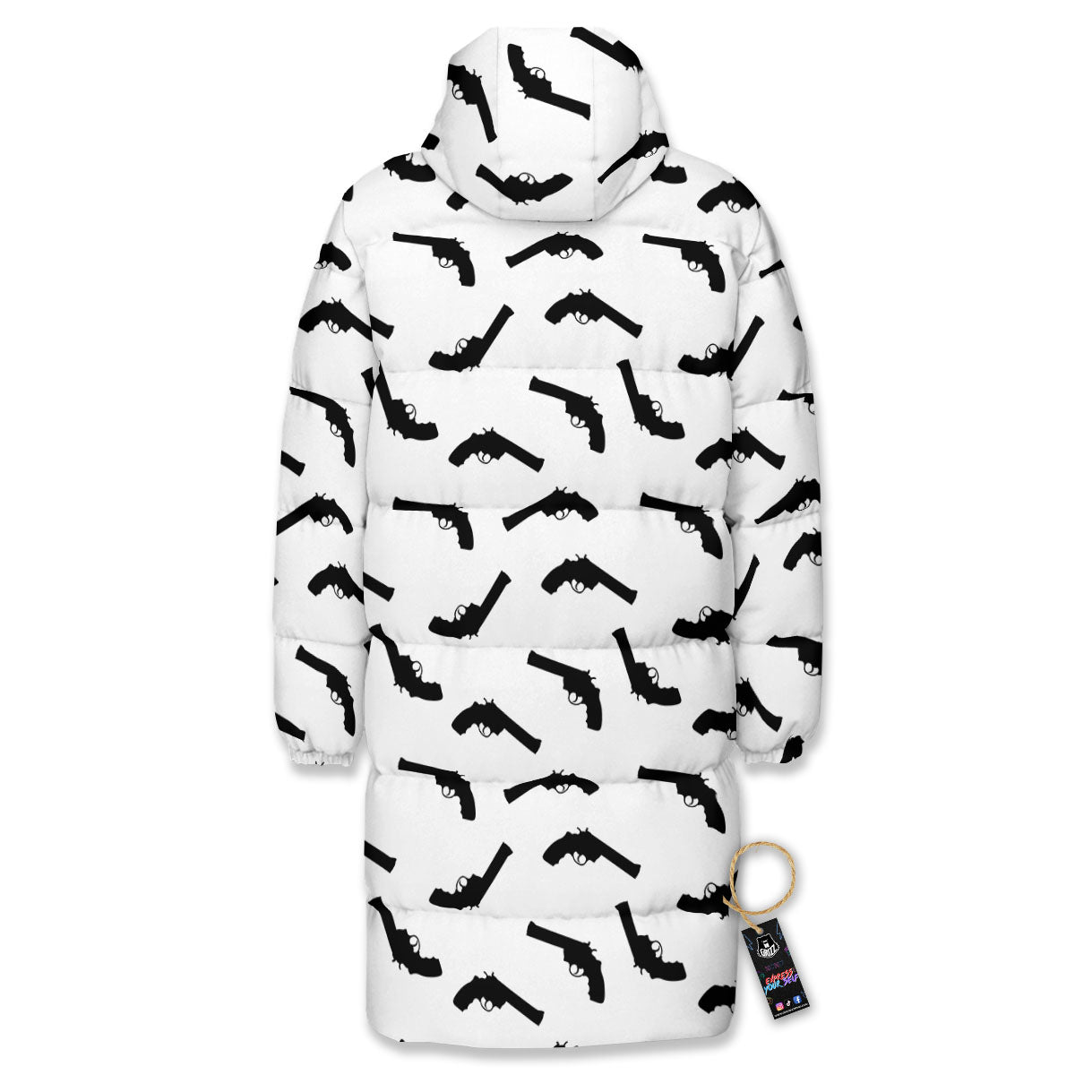 Guns White And Black Print Pattern Long Down Jacket