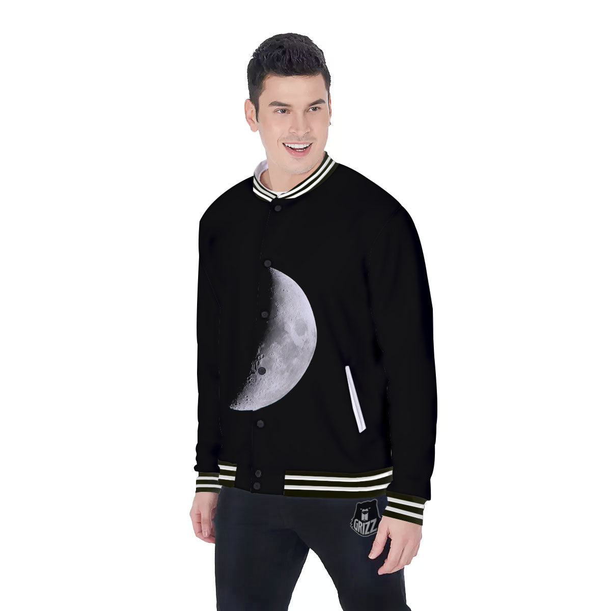 Half Moon Print Baseball Jacket-grizzshop