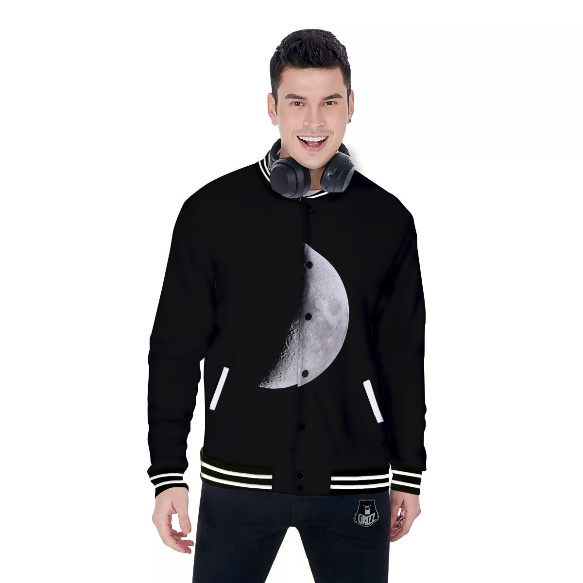 Half Moon Print Baseball Jacket-grizzshop