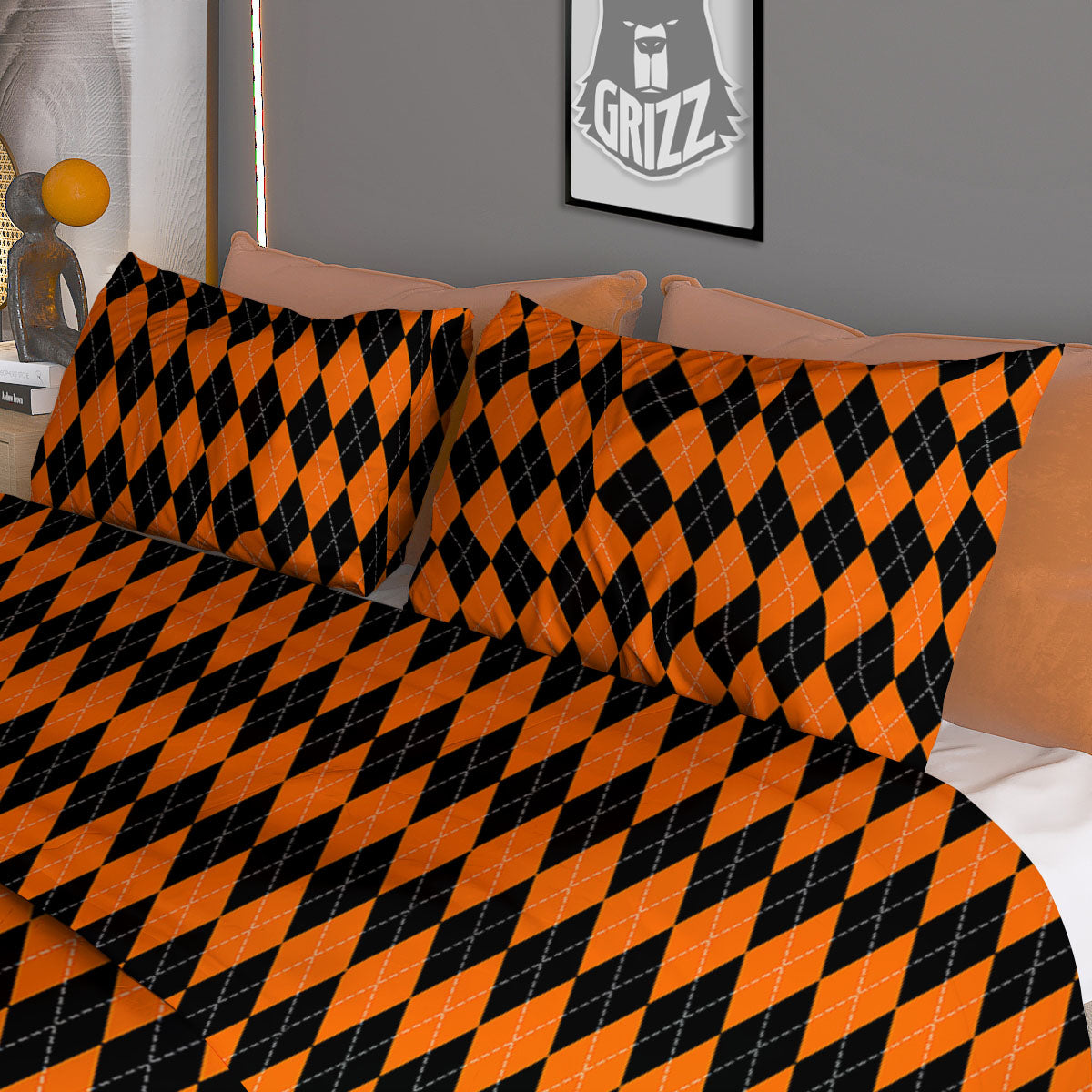 Halloween Argyle Black And Orange Print Duvet Cover Bedding Set