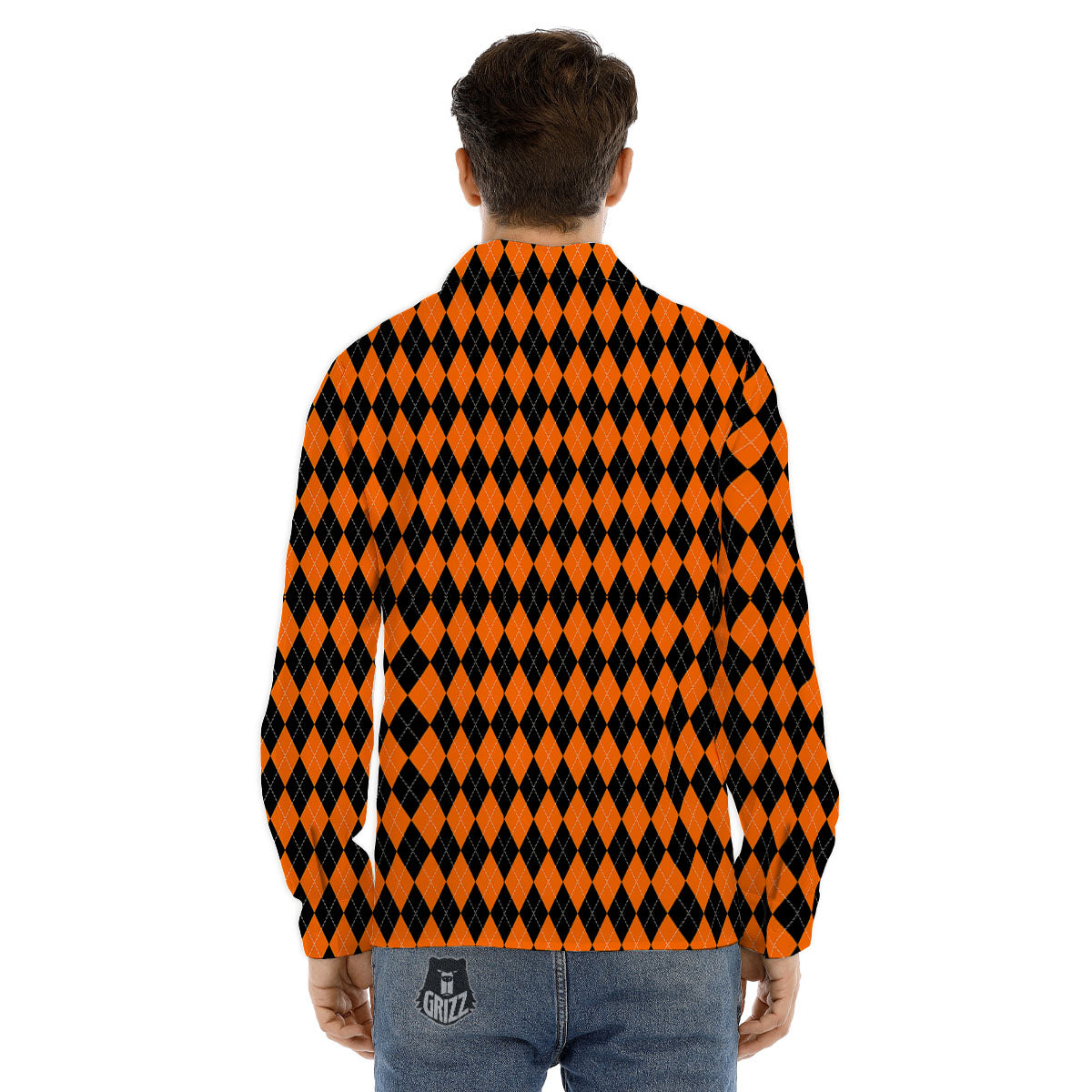 Halloween Argyle Black And Orange Print Men's Dress Shirts-grizzshop