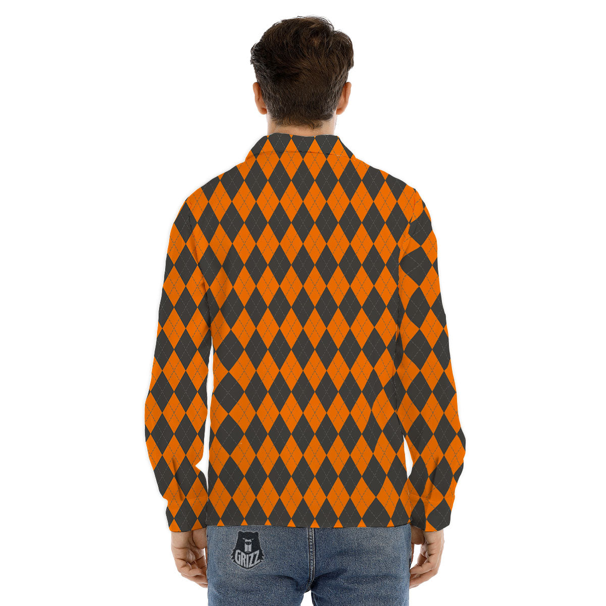 Halloween Argyle Grey And Orange Print Men's Dress Shirts-grizzshop