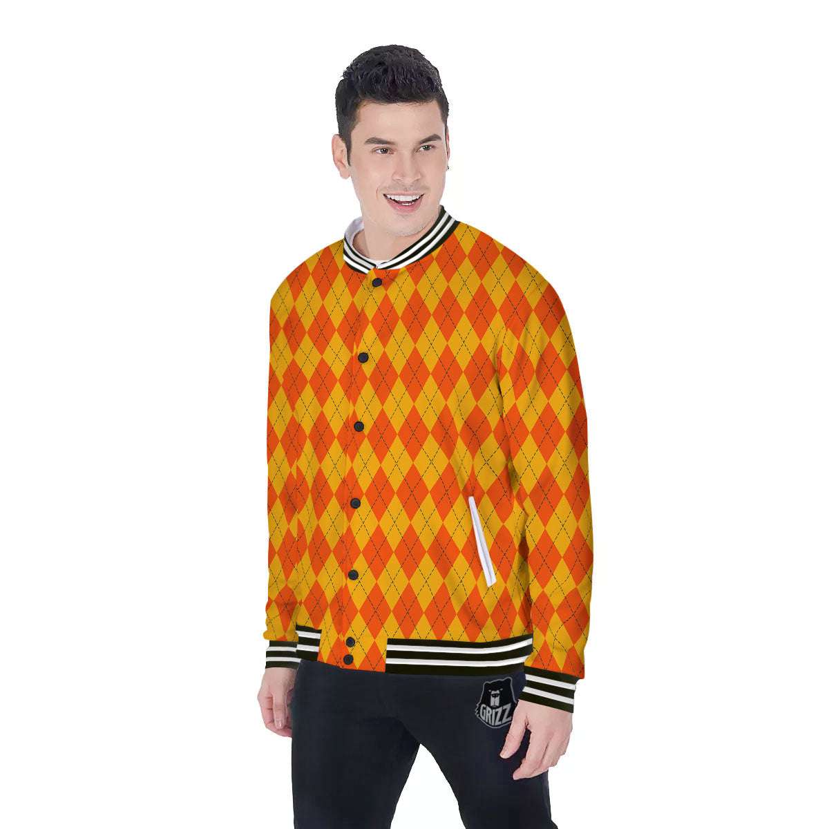 Halloween Argyle Orange Print Pattern Baseball Jacket-grizzshop