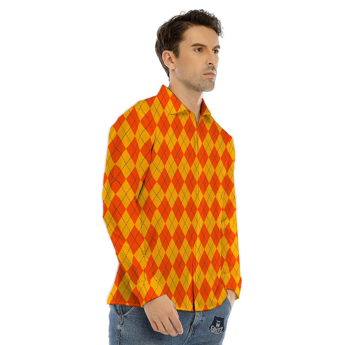 Halloween Argyle Orange Print Pattern Men's Dress Shirts-grizzshop