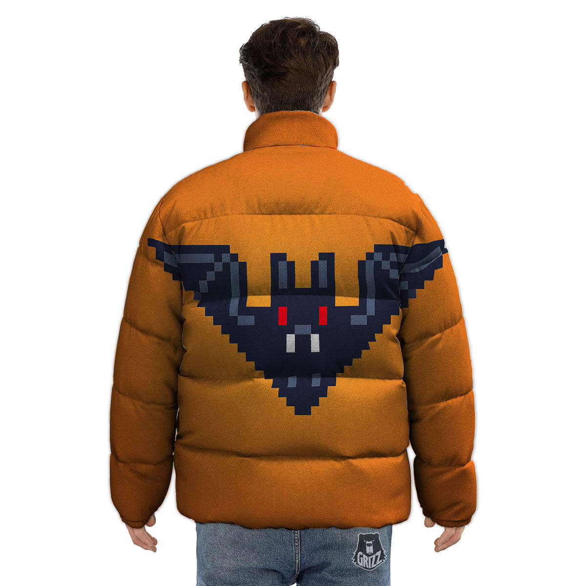 Halloween Bat 8-Bit Pixel Print Puffer Jacket-grizzshop