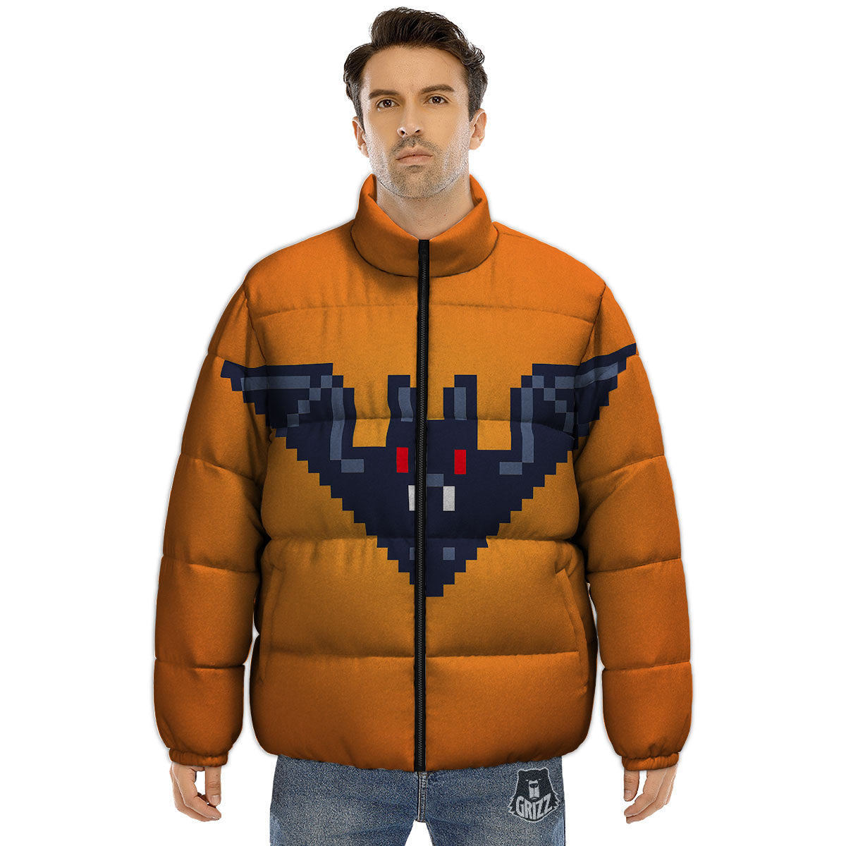Halloween Bat 8-Bit Pixel Print Puffer Jacket-grizzshop