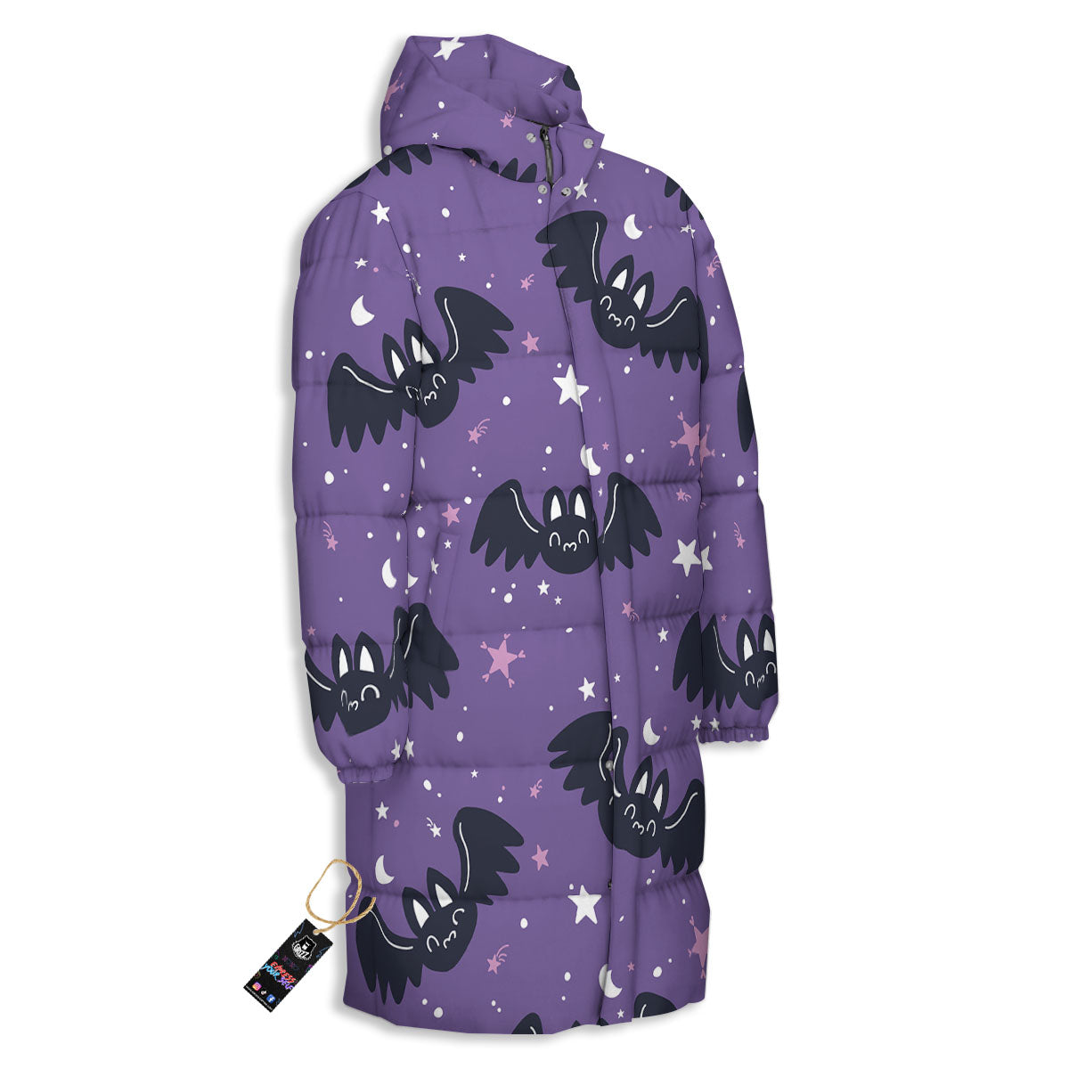 Halloween Bat Black And Purple Print Long Down Jacket-grizzshop