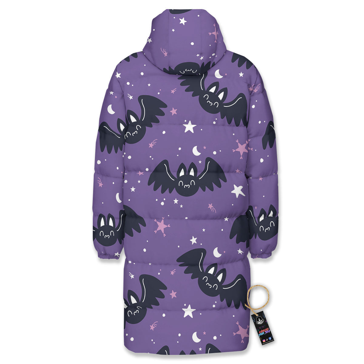 Halloween Bat Black And Purple Print Long Down Jacket-grizzshop