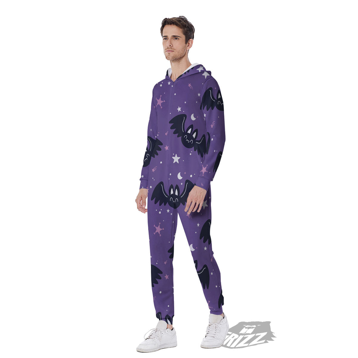 Halloween Bat Black And Purple Print Men's Jumpsuit-grizzshop