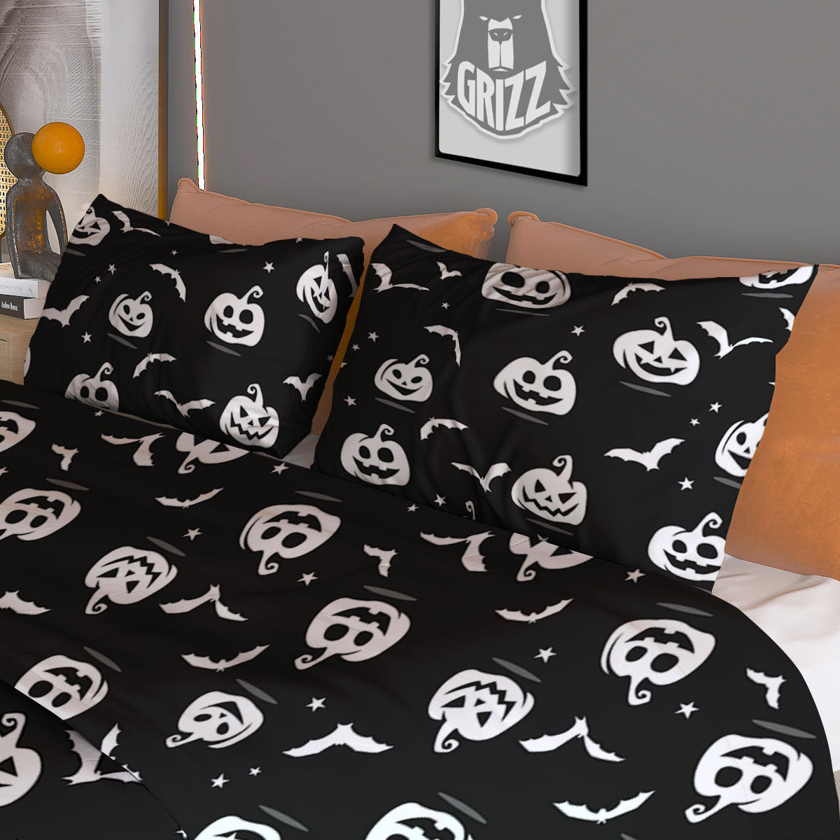 Halloween Bat White And Black Print Duvet Cover Bedding Set
