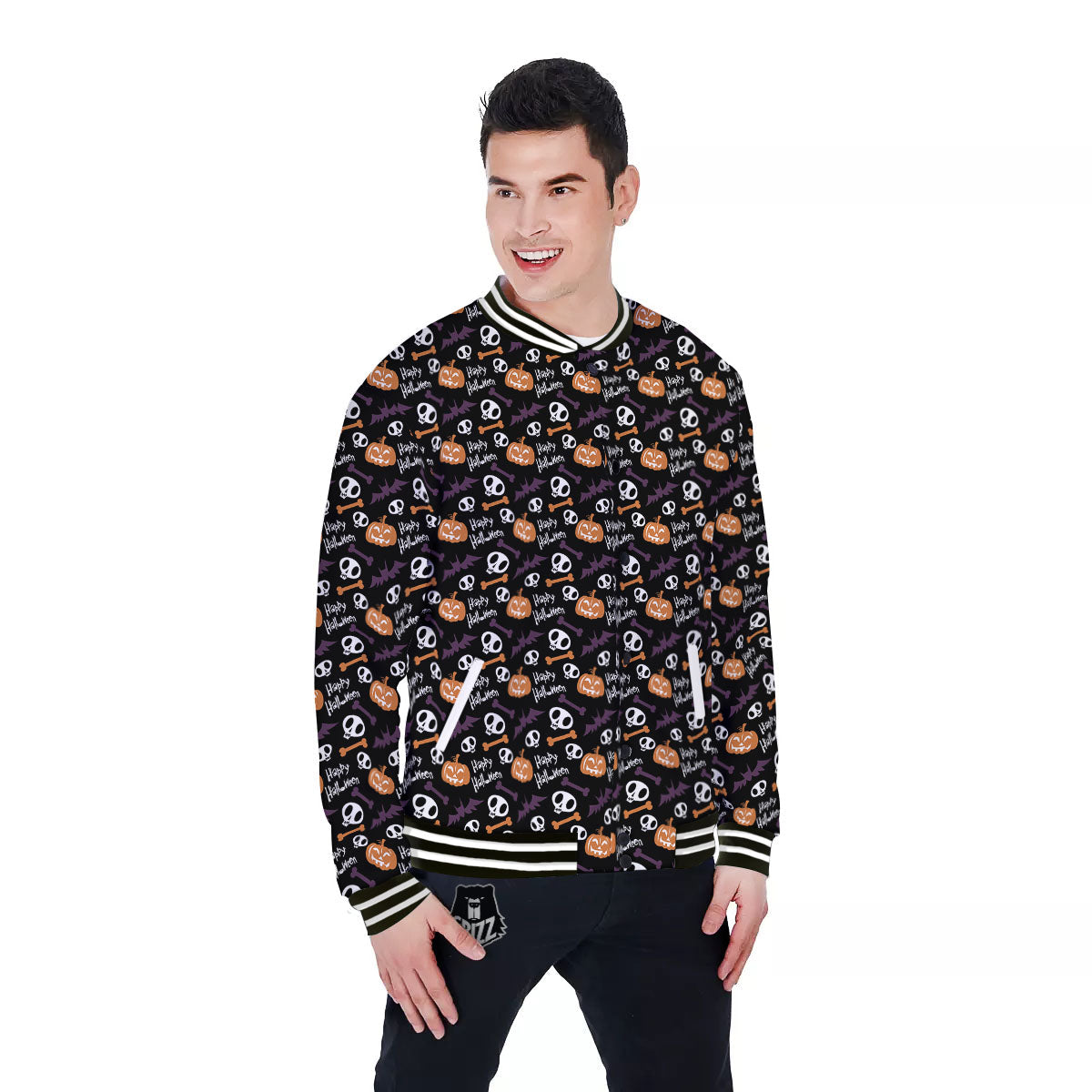 Halloween Black And Orange Print Pattern Baseball Jacket-grizzshop