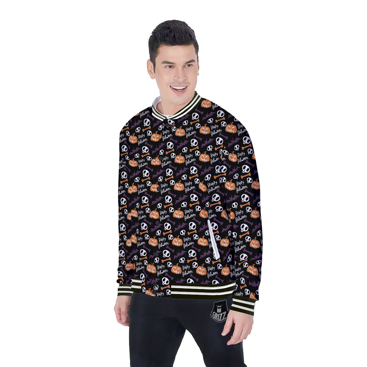 Halloween Black And Orange Print Pattern Baseball Jacket-grizzshop
