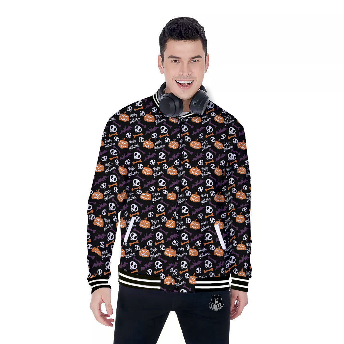 Halloween Black And Orange Print Pattern Baseball Jacket-grizzshop