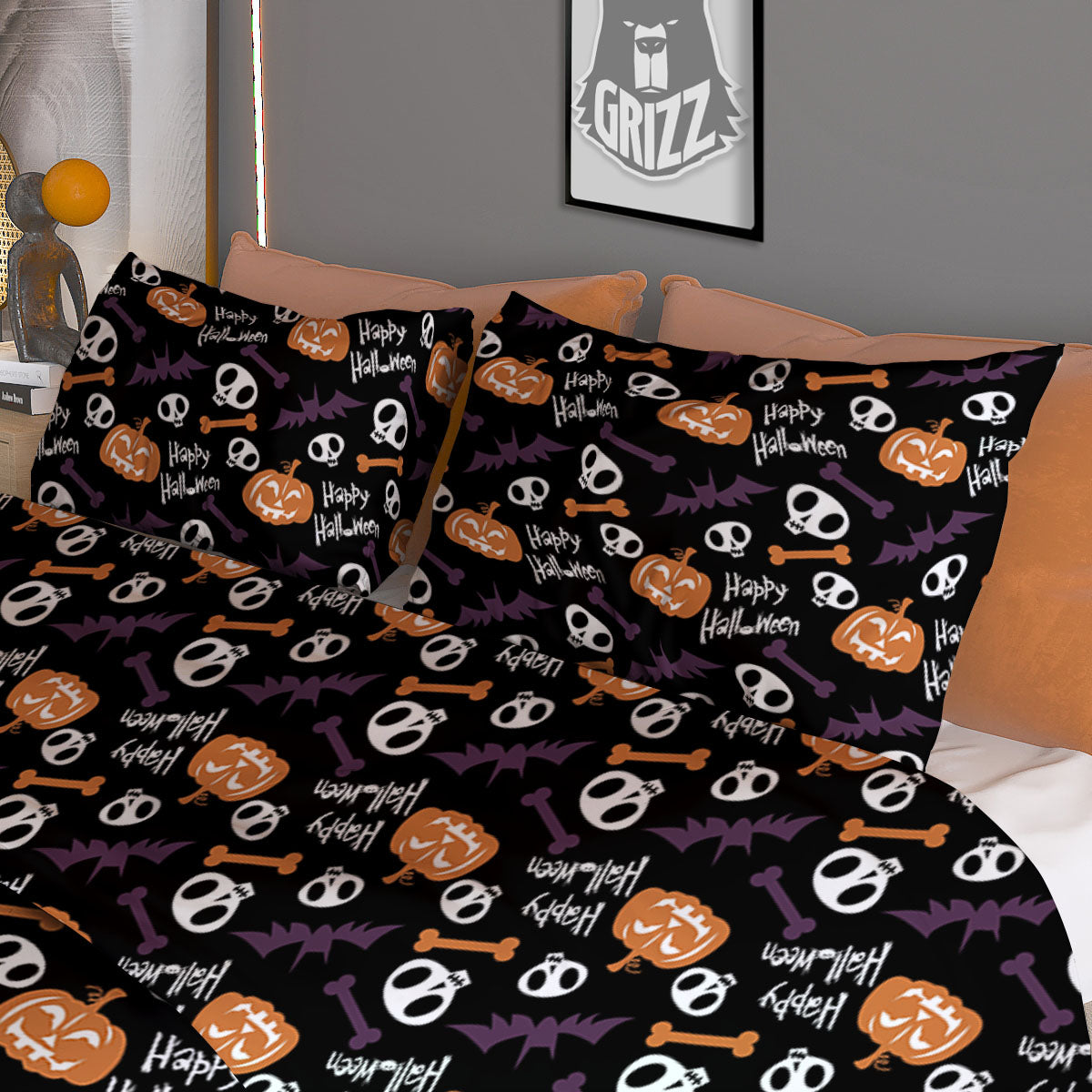 Halloween Black And Orange Print Pattern Duvet Cover Bedding Set