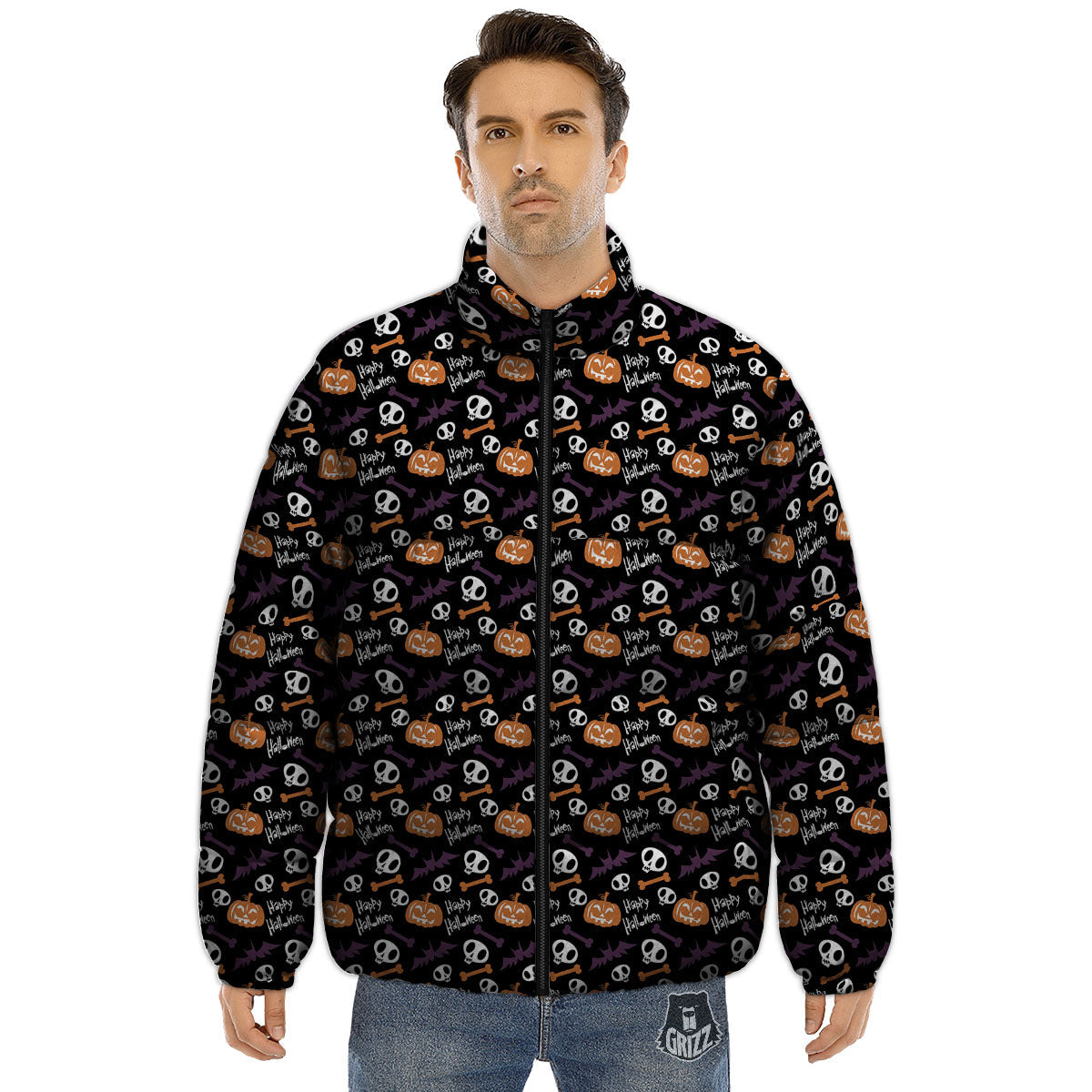 Halloween Black And Orange Print Pattern Puffer Jacket-grizzshop