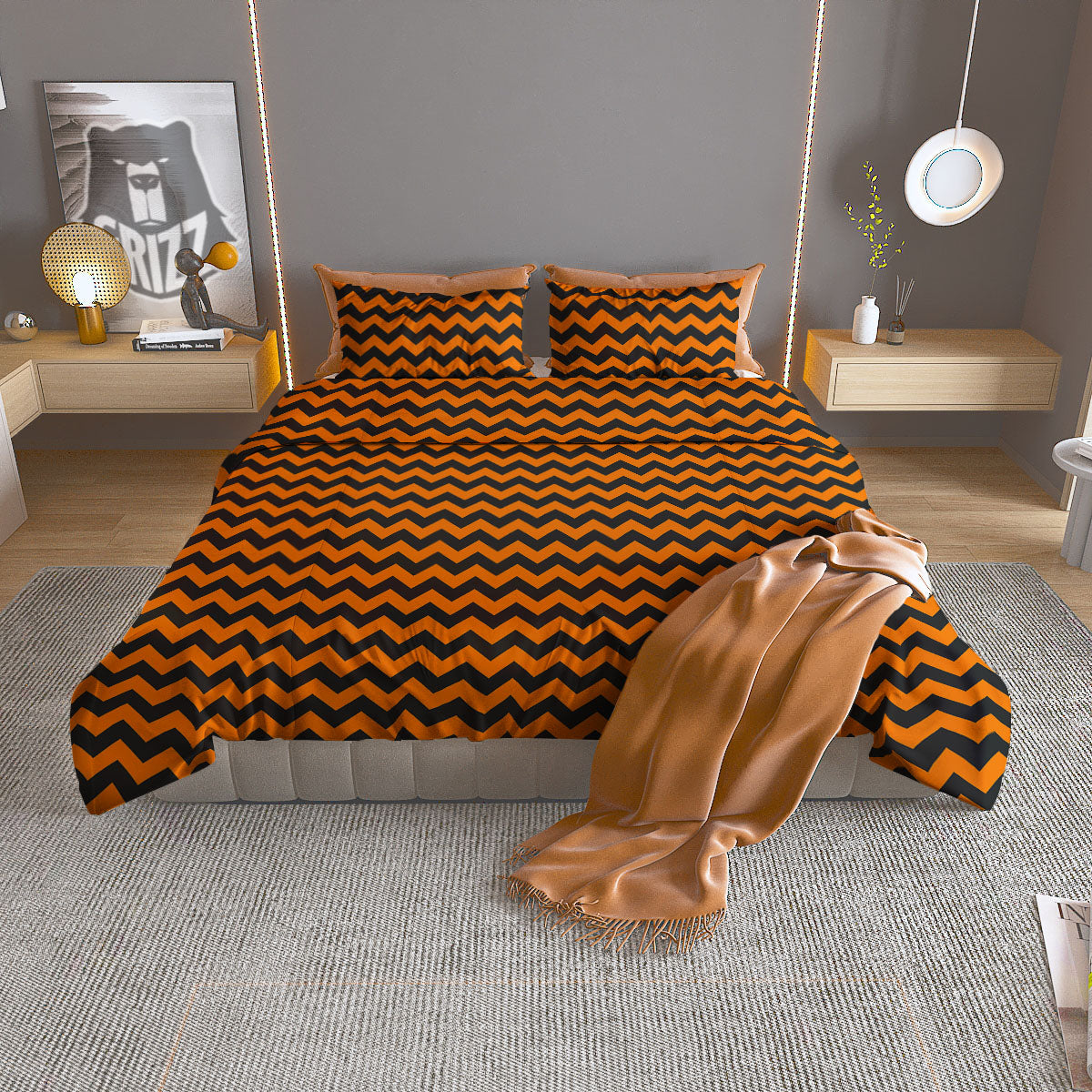 Halloween Chevron Orange Print Pattern Duvet Cover Bedding Set